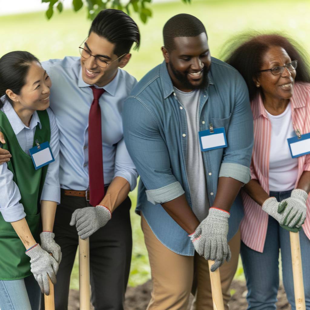 An diverse team of workers from a non-specific credit union, each with a different descent and gender, engaging in volunteer activities. A Caucasian male, an Asian female, a Black male, and a Hispanic female are together, showing unity and teamwork. They're dressed in business casual clothes with badges bearing the logo of their unnamed credit union. They are participating in a community tree planting event. Seeing them work, one can't miss the sense of camaraderie and the selfless spirit of volunteering evident among them.