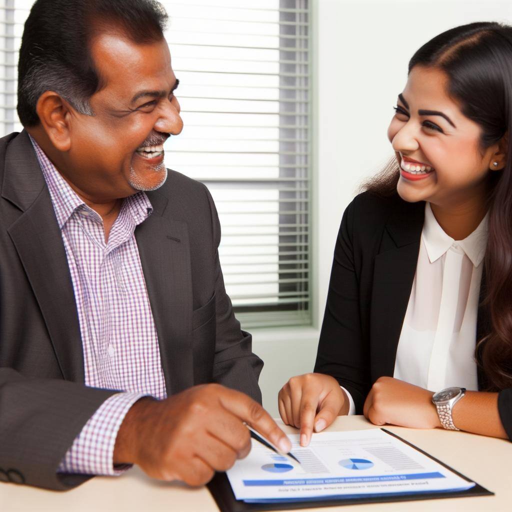 A cheerful middle-aged South Asian man sitting across a table in a professional office environment, taking financial advice from a young Hispanic female bank advisor. The advisor is pointing towards some charts on a report to explain financial strategies and plans. Both persons are smiling, indicating a positive, productive discussion about financial planning.