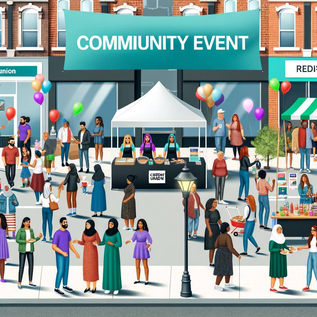 An outdoor community event depicted in a bustling city street. People of different genders, ages, and descents such as Caucasian, South Asian, Middle-Eastern, Black, and Hispanic are participating enthusiastically. There's a large banner hanging overhead, bearing the inscription 'Community Event'. Nearby, a pop-up stand decorated with balloons and signs represents the Credit Union which has organized this gathering. Volunteers behind the counter are interacting with participants, sharing information and engaging in lively discussions. Various activities like games, music, and food stalls are arranged, creating a festive atmosphere.