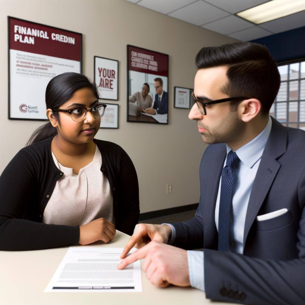 A South Asian female member of a generic credit union sitting in a neat, well-lit office. Across from her, a Caucasian male financial advisor with glasses and a suit, leaning across the table to show her a financial plan on a paper. Walls filled with finance-related posters. Both seem engaged in serious conversation about the document.